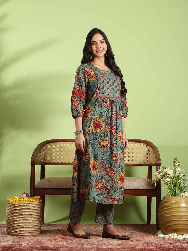 Printed Cotton Kurta With Pant &amp; Dupatta
