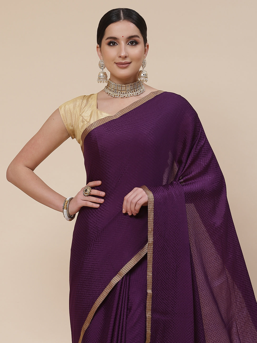 Piped Border Crepe Plain Saree