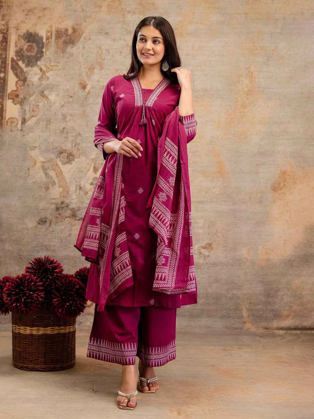 Wine Cotton Blend Printed Straight Suit Set