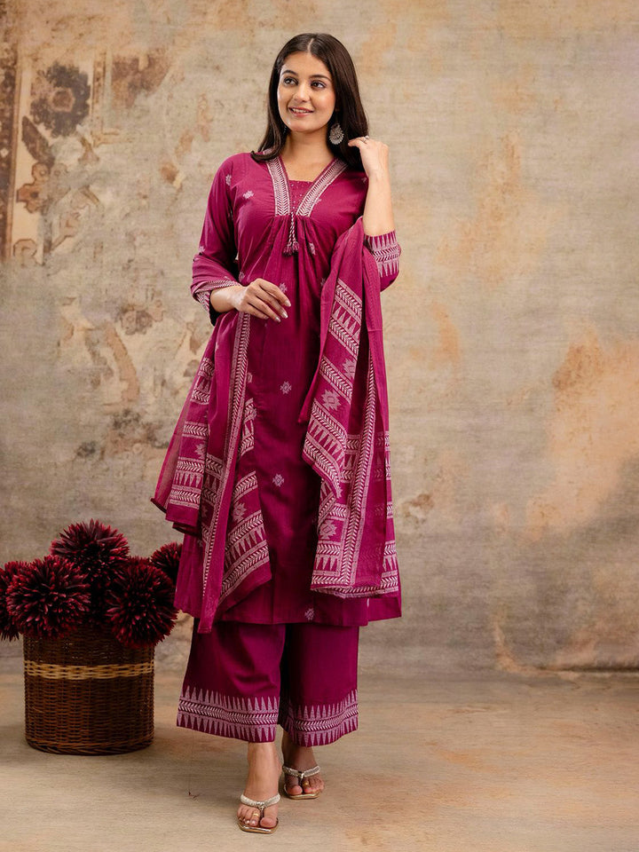 Wine Cotton Blend Printed Straight Suit Set