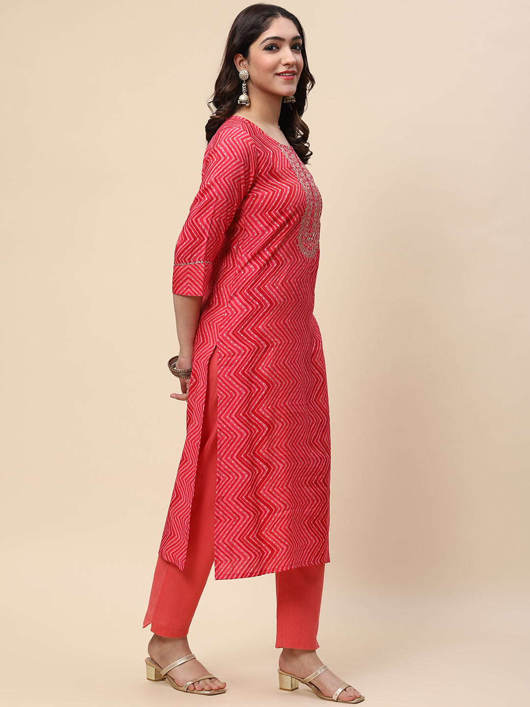 Printed &amp; Sequin Embroidered Muslin Kurta