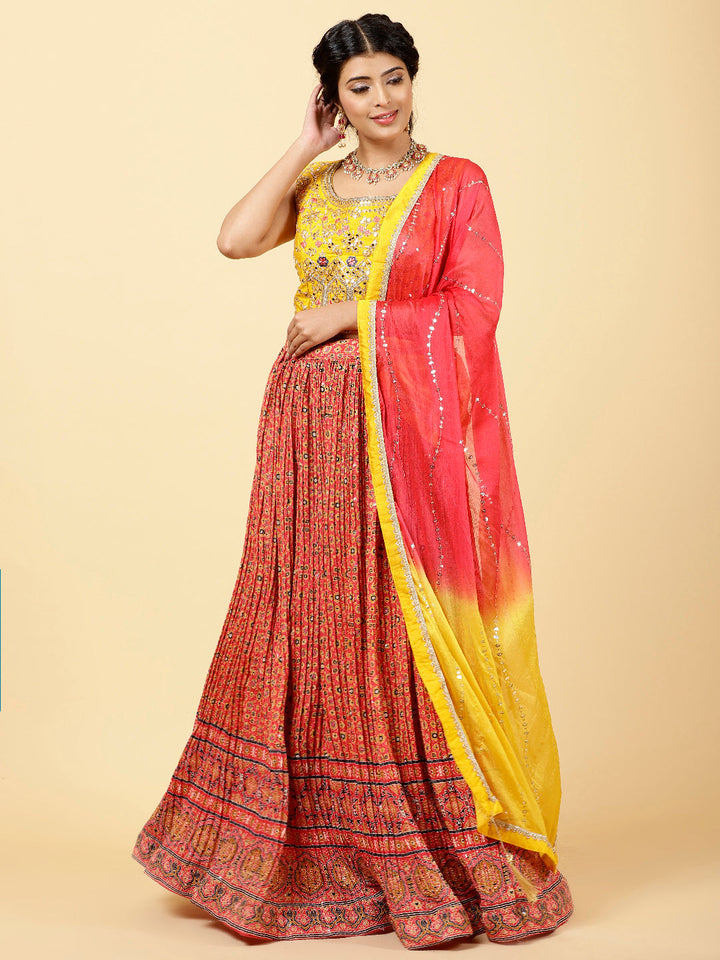Printed &amp; Embroidered Crepe Choli With Lehenga &amp; Dupatta