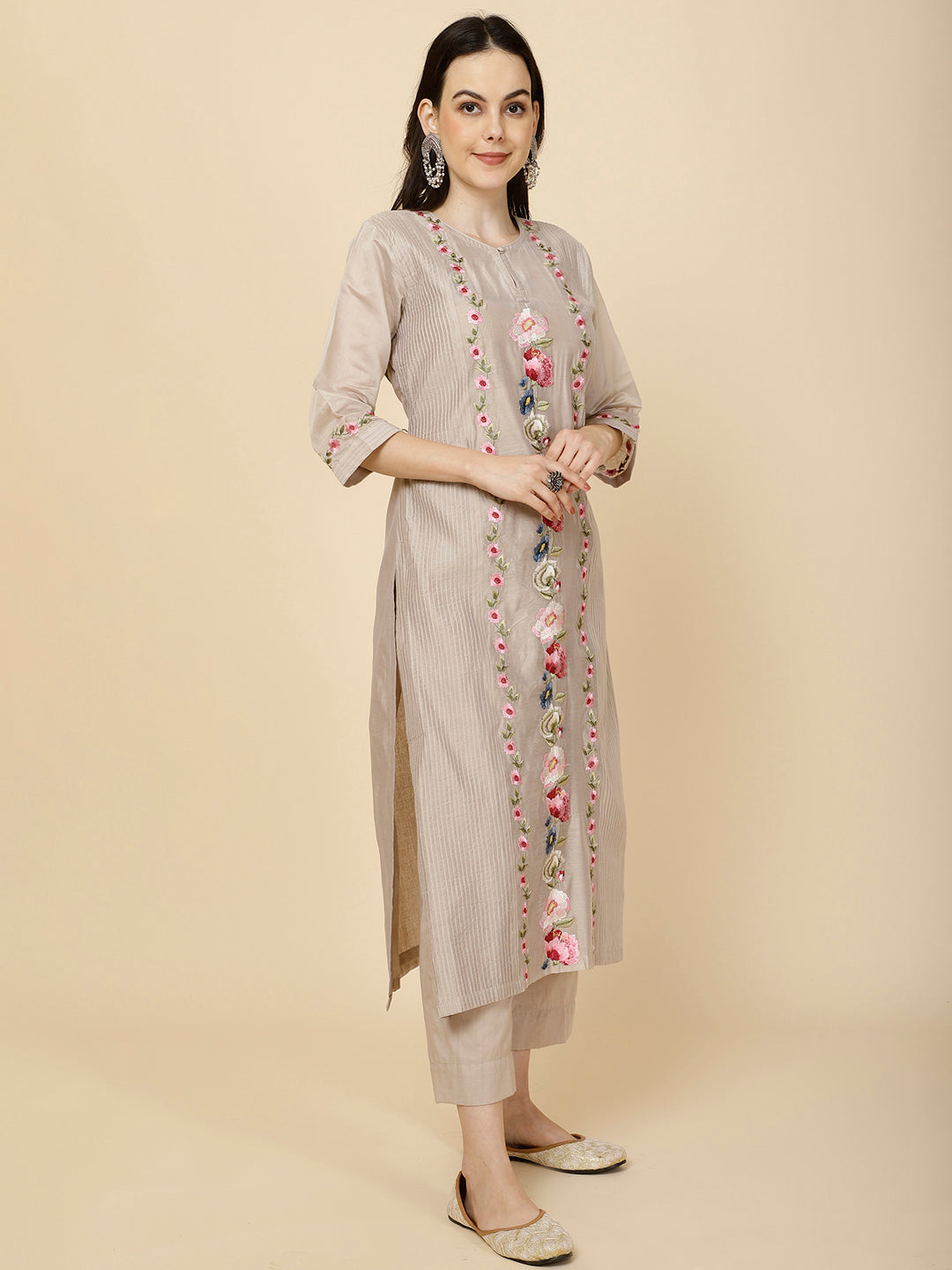 Resham &amp; Panel Embroidery Cotton Suit Set With Dupatta