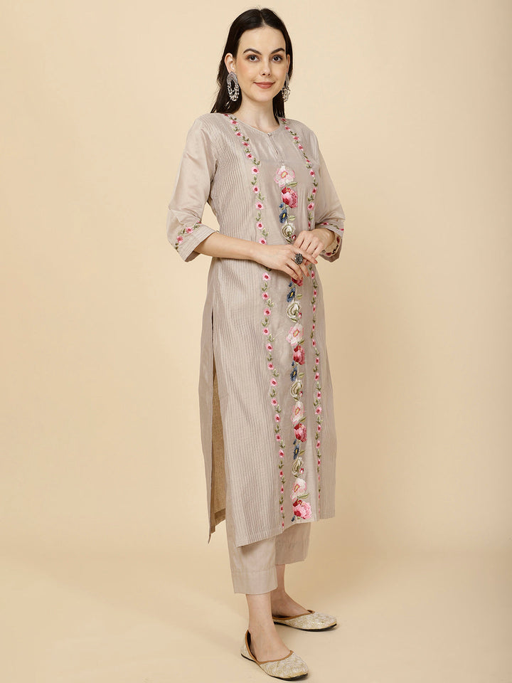 Resham &amp; Panel Embroidery Cotton Suit Set With Dupatta