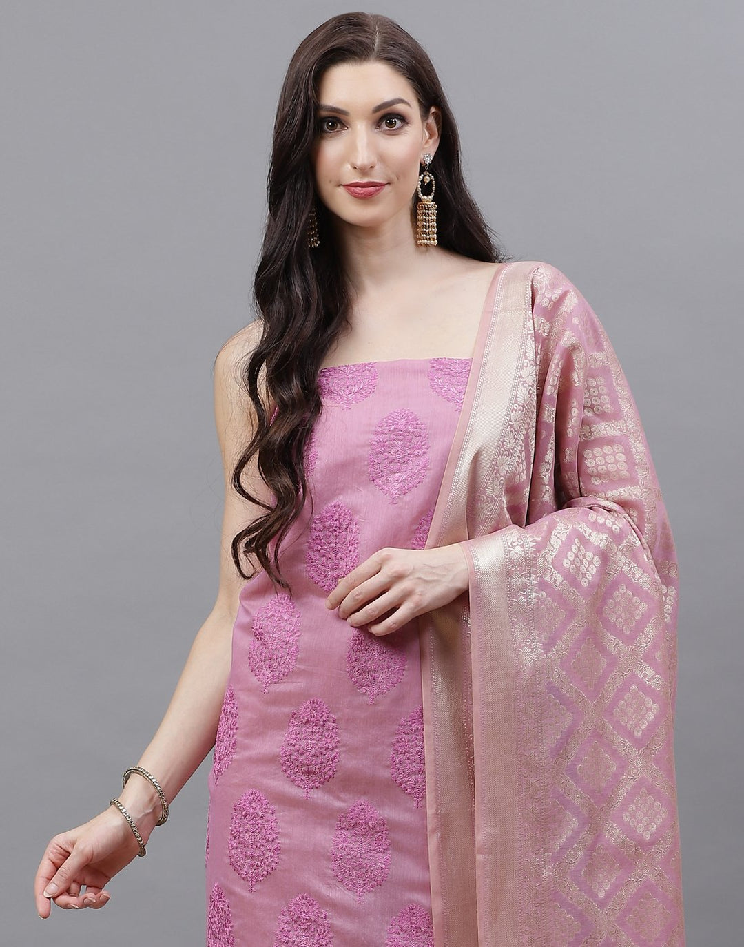 Chanderi Embroidered Suit Piece with Banarasi Dupatta