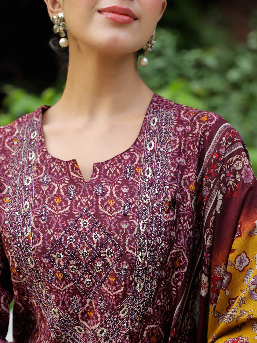 Printed Neck Embroidered Cotton Kurta With Pants &amp; Dupatta