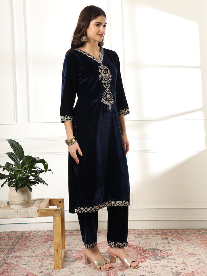Navy Blue Embroidered Velvet Straight Suit Set With Dupatta
