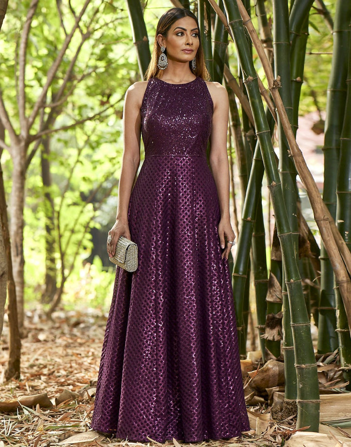 MBZ Meena Bazaar-Wine Net Long Dress