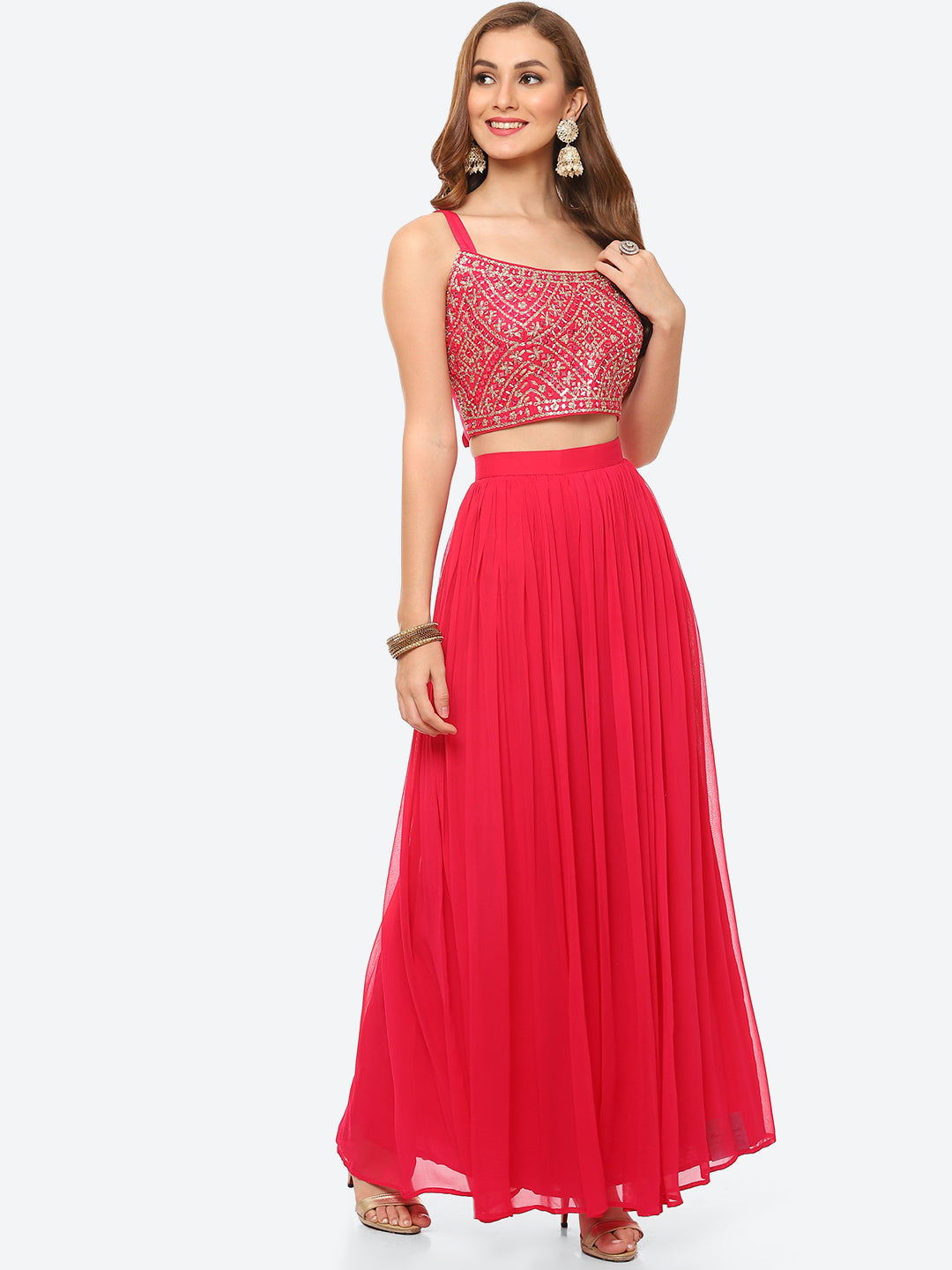 Zari Embroidered Booti Georgette Crop Top With Palazzo &amp; Jacket