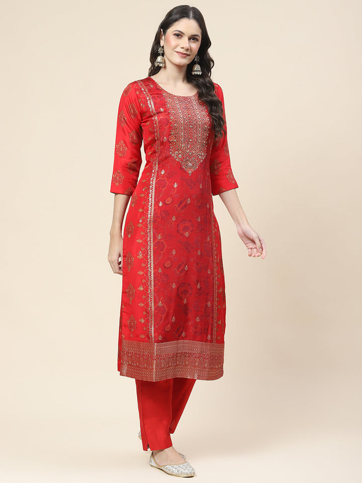 Floral Printed Handloom Kurta With Pants &amp; Dupatta