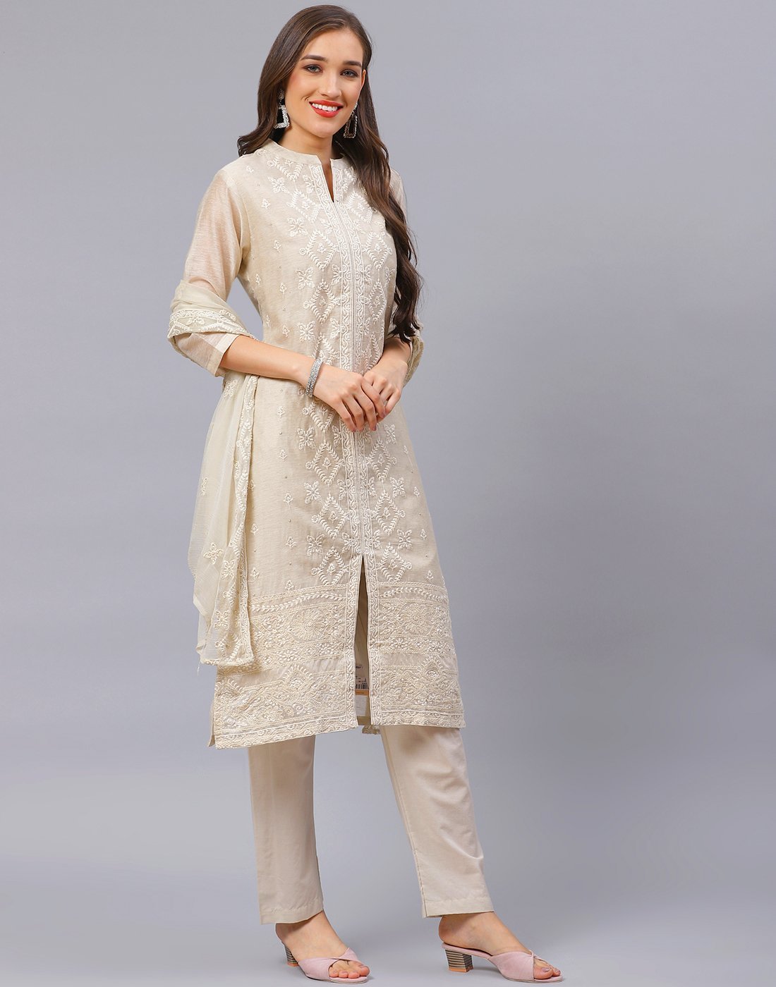 Beige Straight Chanderi Salwar Kameez Stitched Suit