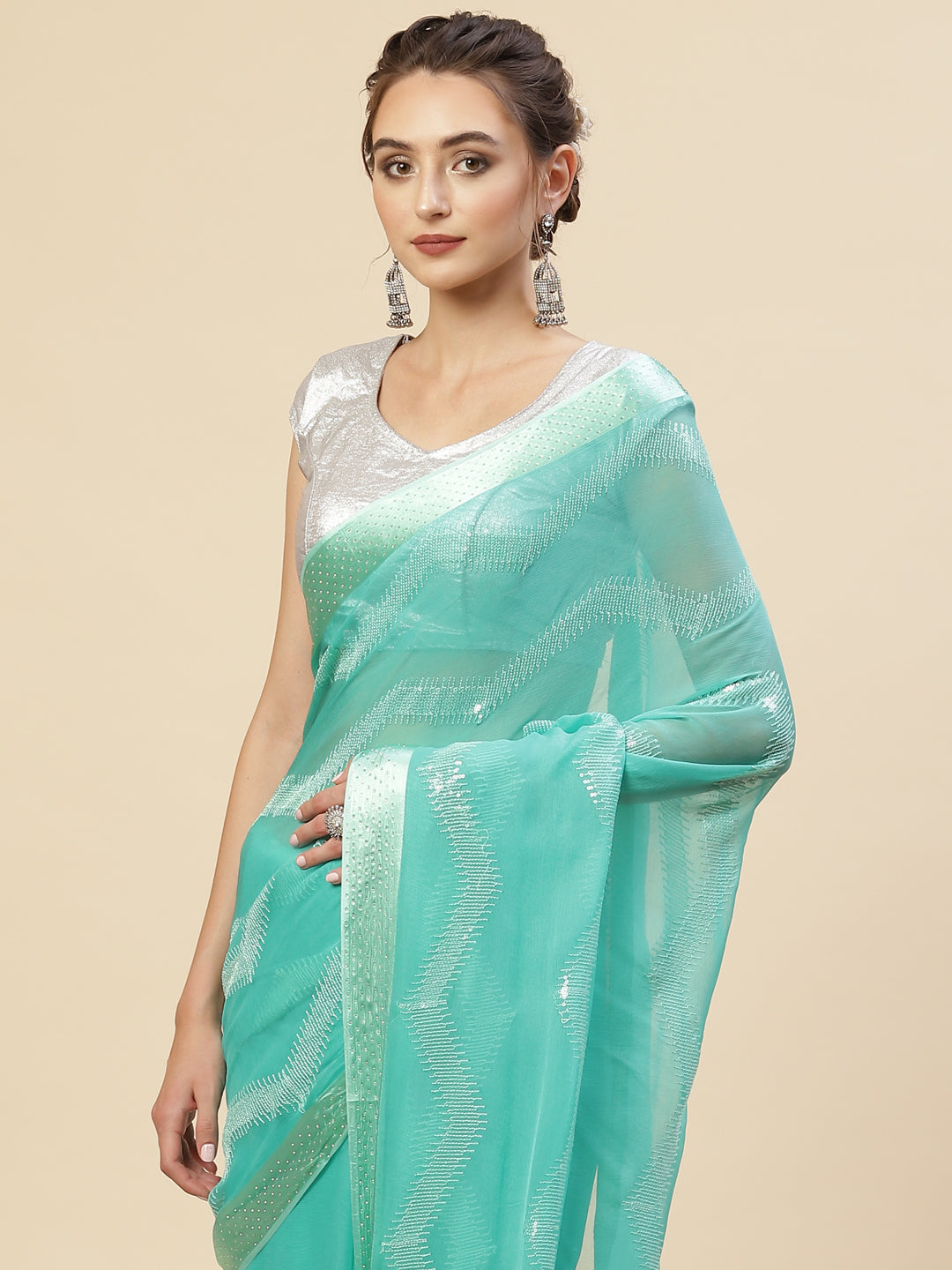 Sequin Embroidered Chiffon Plain Saree