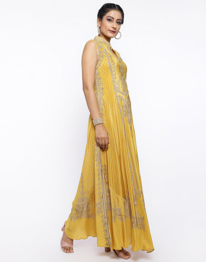 MBZ Meena Bazaar-Mustard Crepe Digital Printed Long Dress