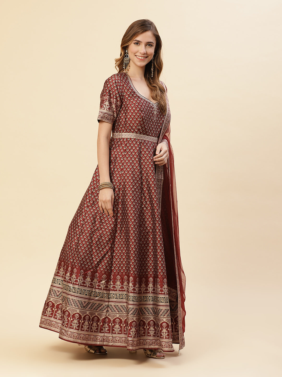 Art Tussar Digital Printed Anarkali Kurti With Chudidar And Dupatta