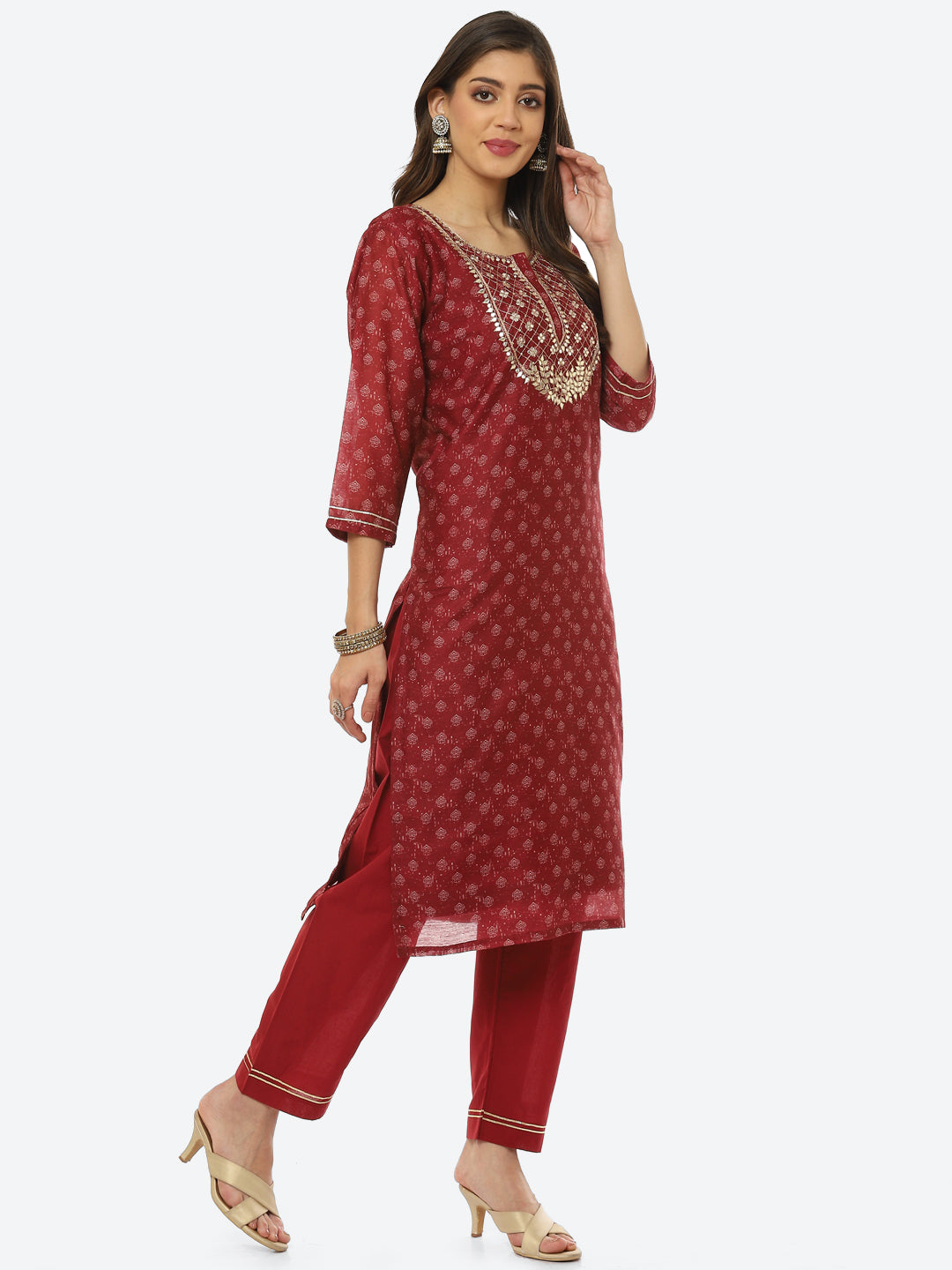 Gota Neck Printed Chanderi Kurta With Pant