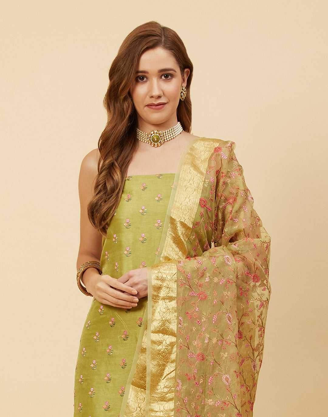 Embroidered Art Handloom Dupion Suit Piece With Organza Dupatta