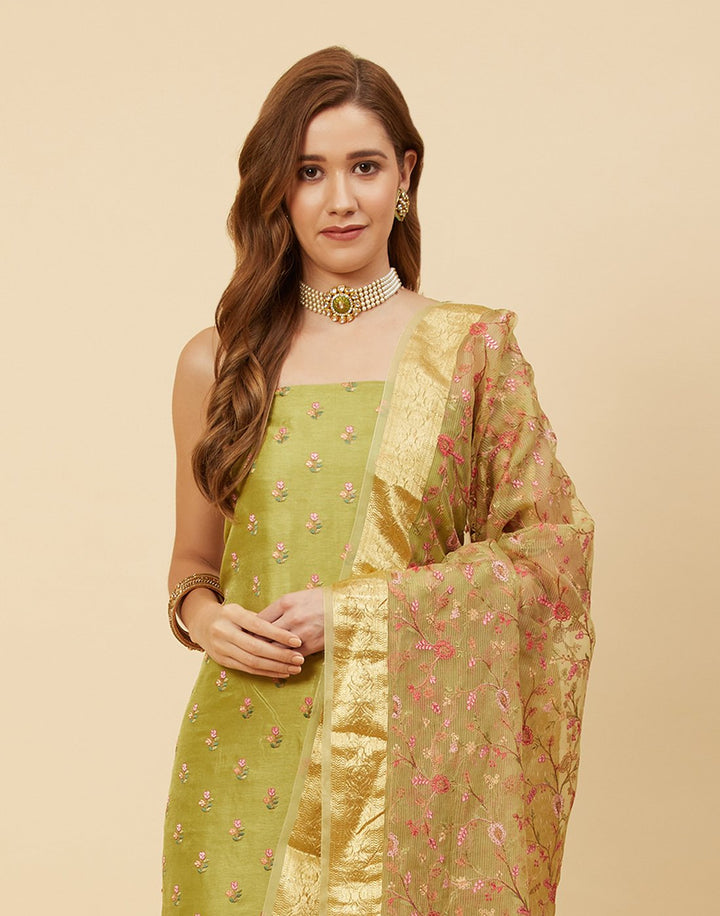 Embroidered Art Handloom Dupion Suit Piece With Organza Dupatta