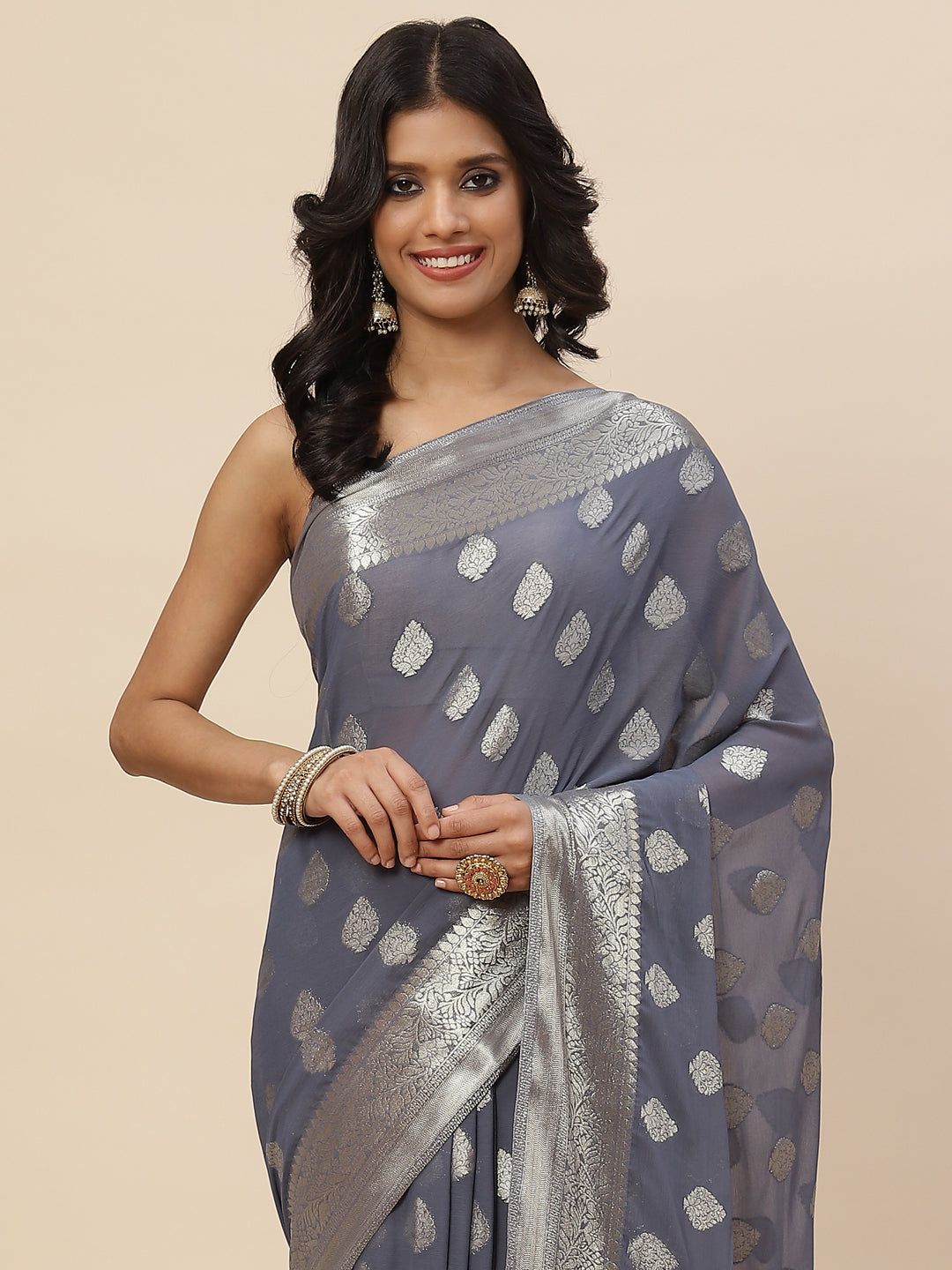 Zari Booti Chiffon Plain Saree