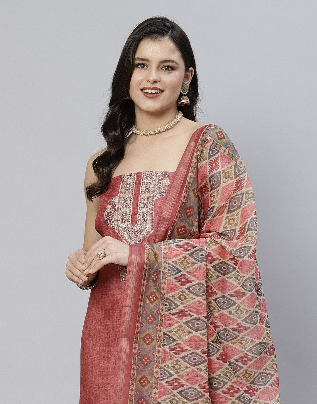Chanderi Suit Piece With Embroidered Yoke