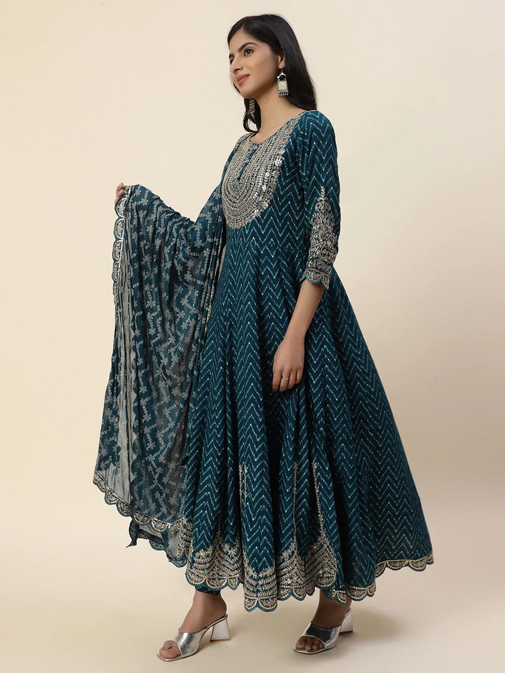 Neck Embroidered Cotton Kurta With Pants &amp; Dupatta