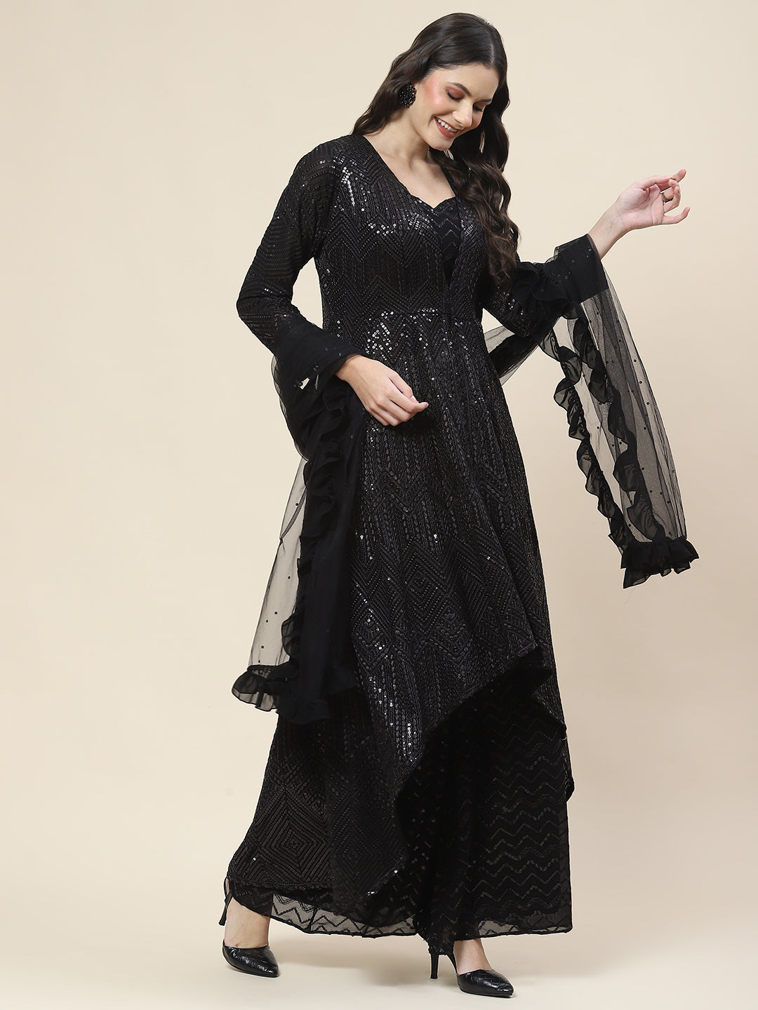 Sequin Embroidered Georgette Top Jacket With Palazzo &amp; Dupatta