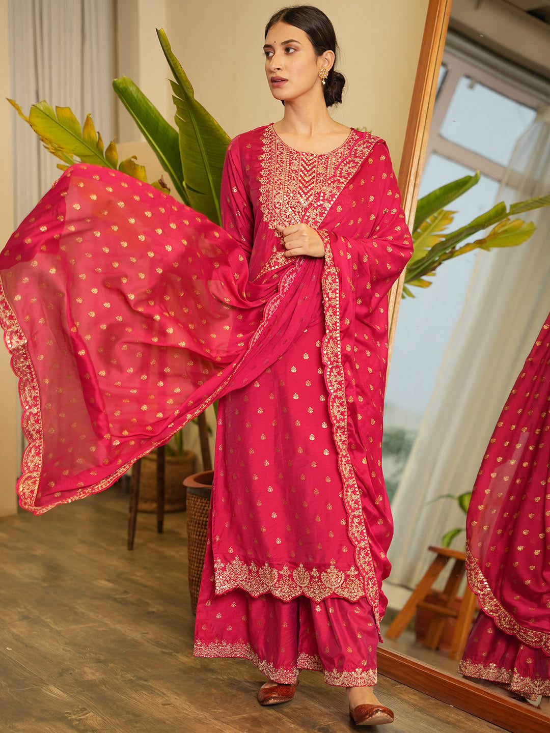 Neck Embroidered Chanderi Kurta With Garara &amp; Dupatta