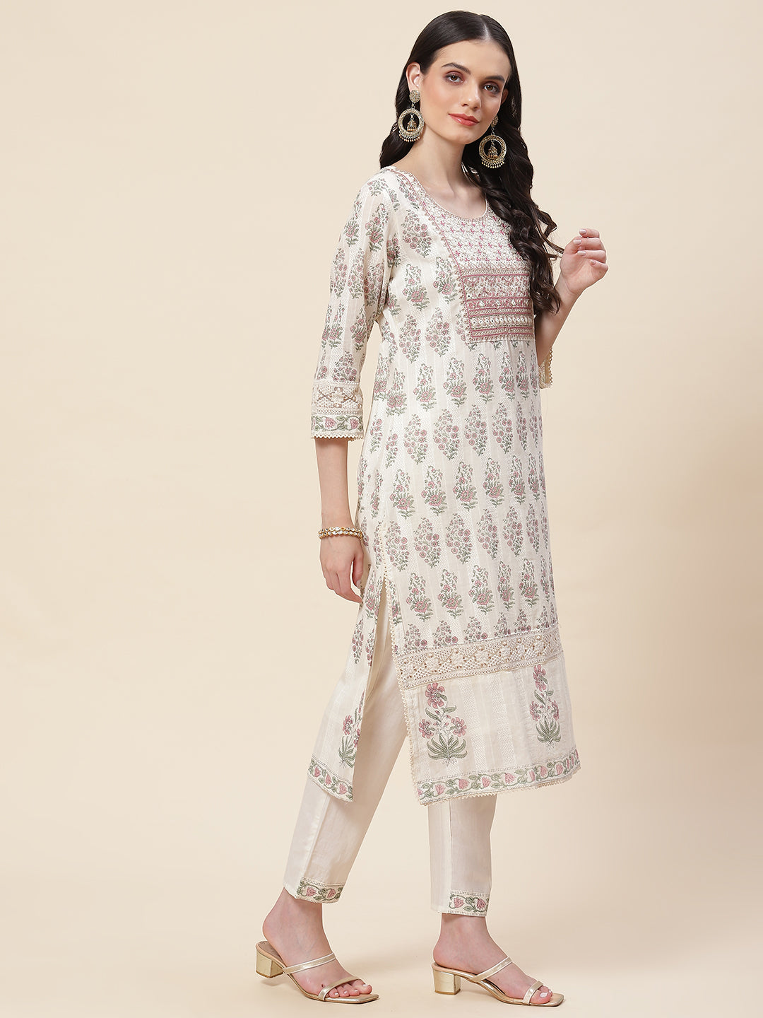 Floral Printed Cotton Kurta With Pants &amp; Dupatta