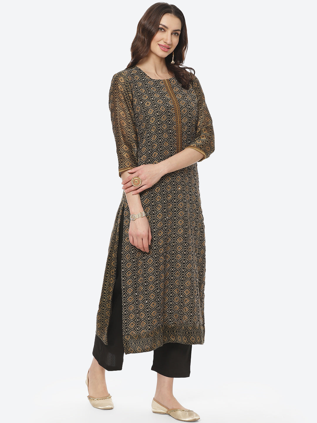 Printed Kantha Work Chanderi Kurti With Pant