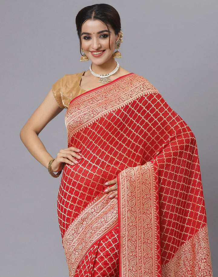 MBZ Meena Bazaar-Red Georgette Banarasi Khaddi Saree