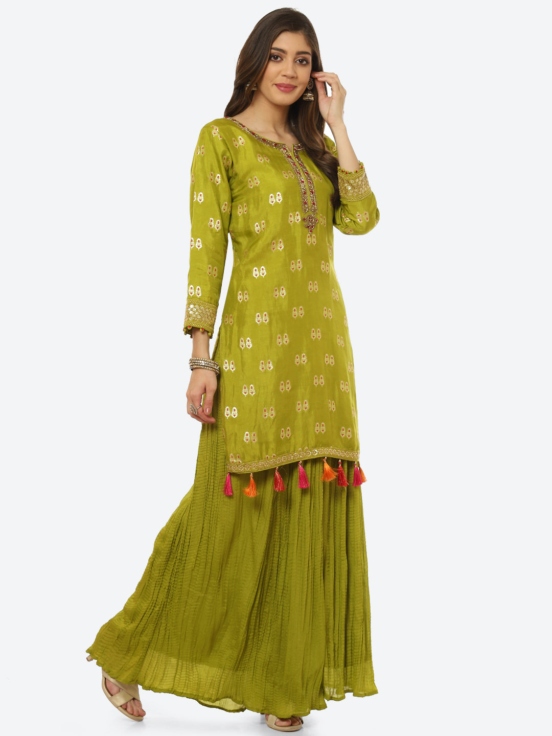 Zari Booti Neck Zari Embroidered Handloom Kurta With Garara & Dupatta