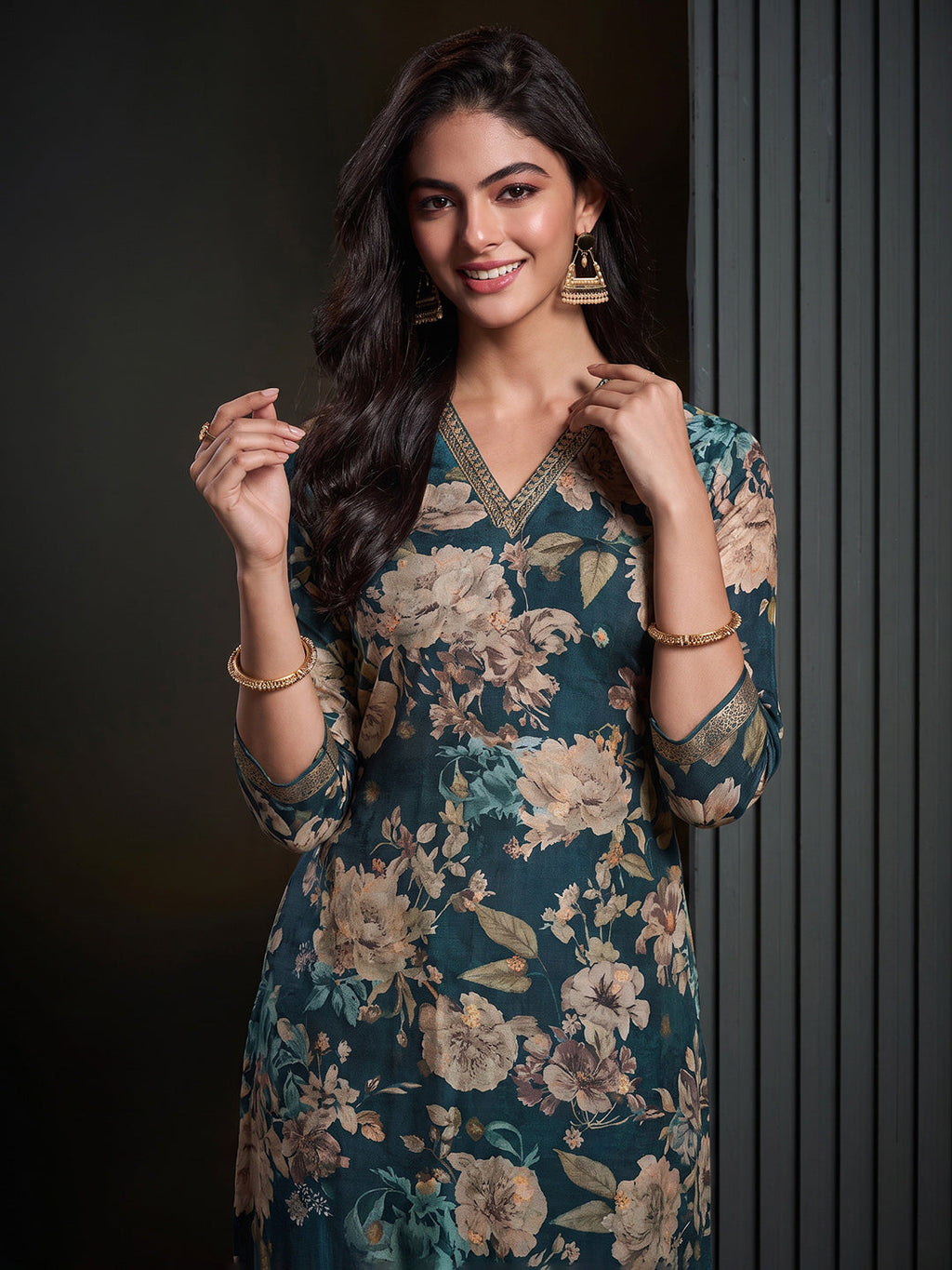 Blue Printed Art Silk Kurta With Pant & Dupatta