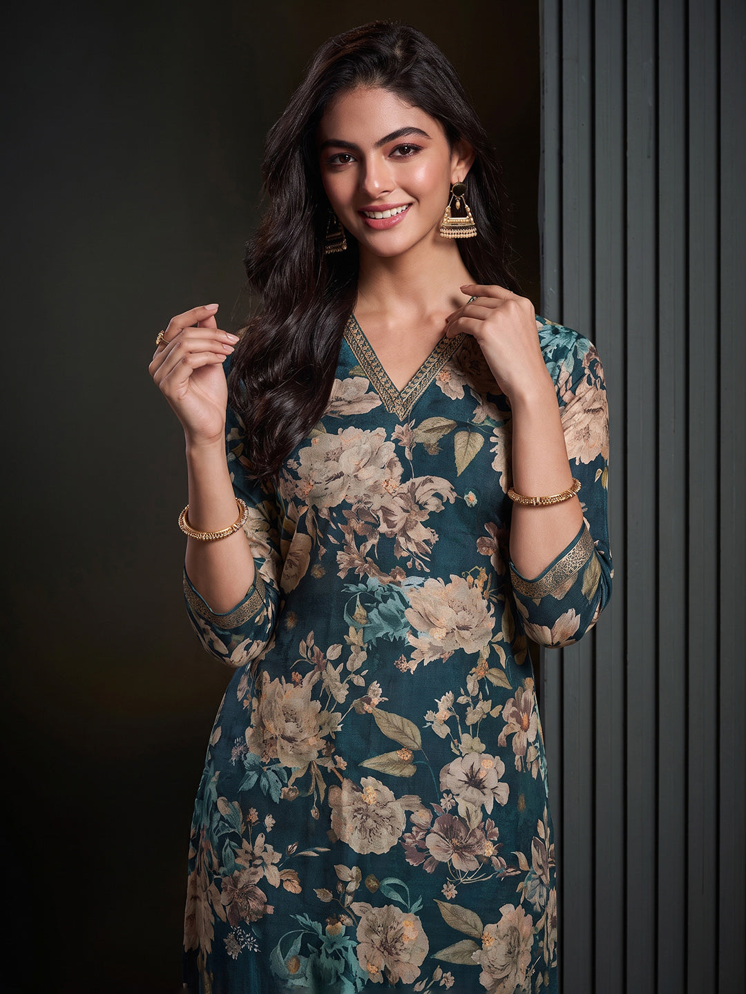 Blue Printed Art Silk Kurta With Pant & Dupatta