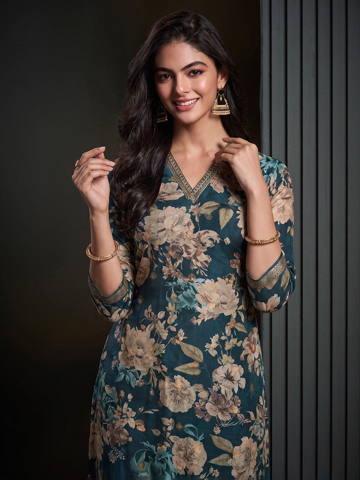 Blue Printed Art Silk Kurta With Pant &amp; Dupatta