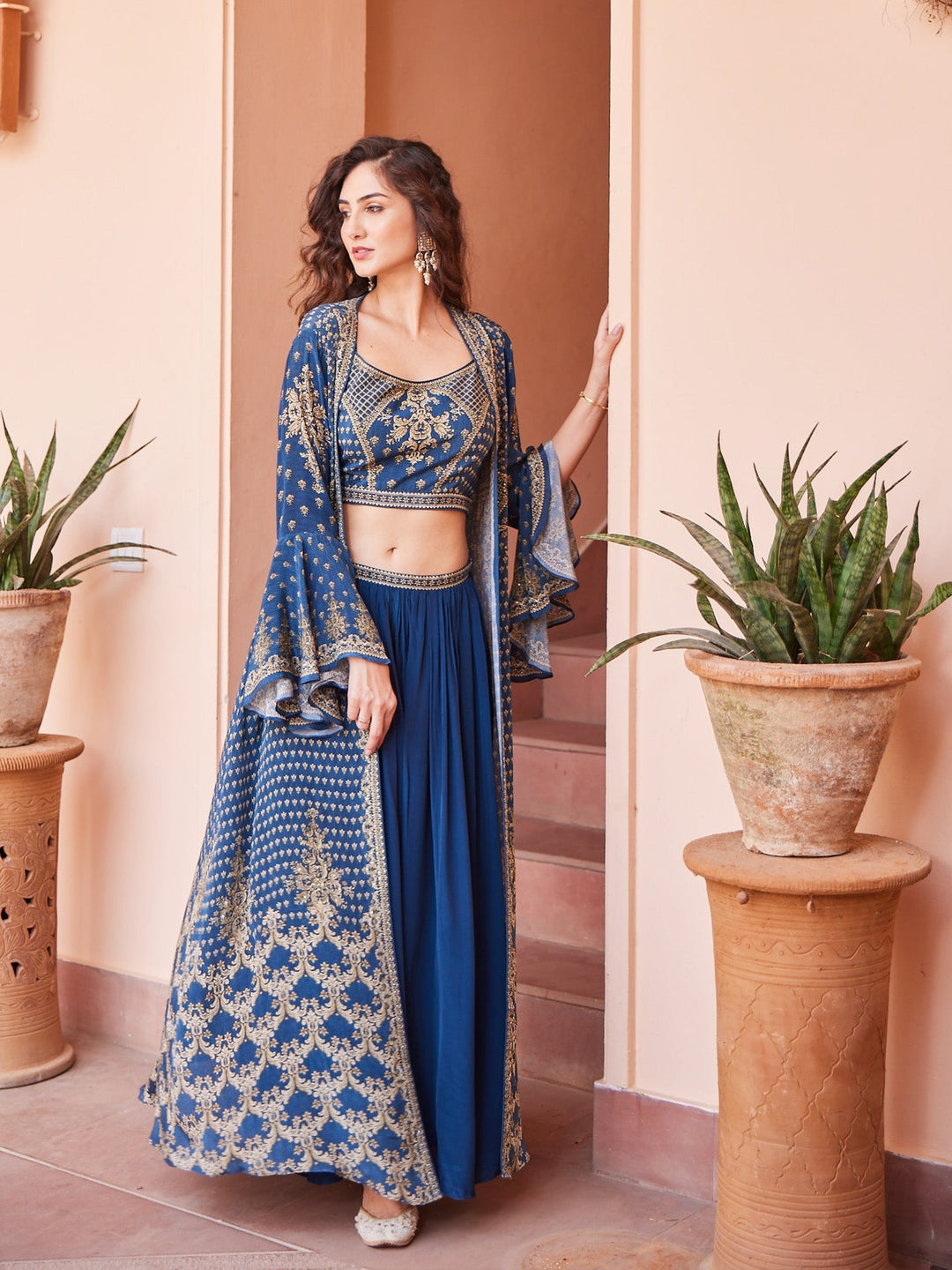 Digital Printed Crepe Kurti With Sharara &amp; Georgette Jacket