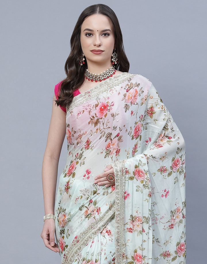 Digital Floral Printed Crepe Saree with Silver Zari Embroidery