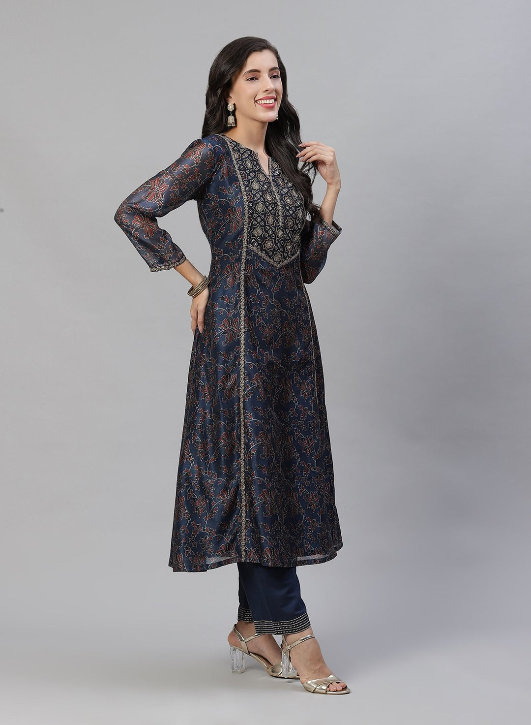 Printed Chanderi Anarkali Kurti With Pant