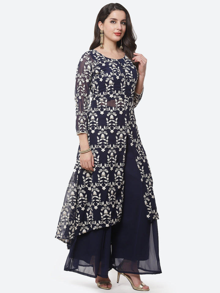 Resham Jaal Embroidered Georgette Kurta With Palazzo &amp; Dupatta