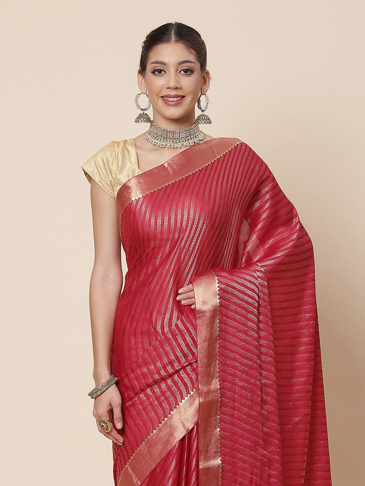 Striped Brocade Georgette Plain Saree