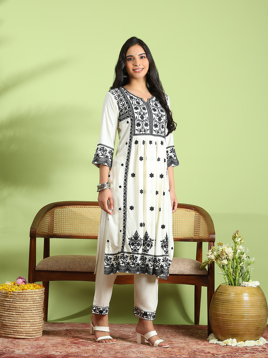Embroidered Cotton Kurta With Pant &amp; Dupatta