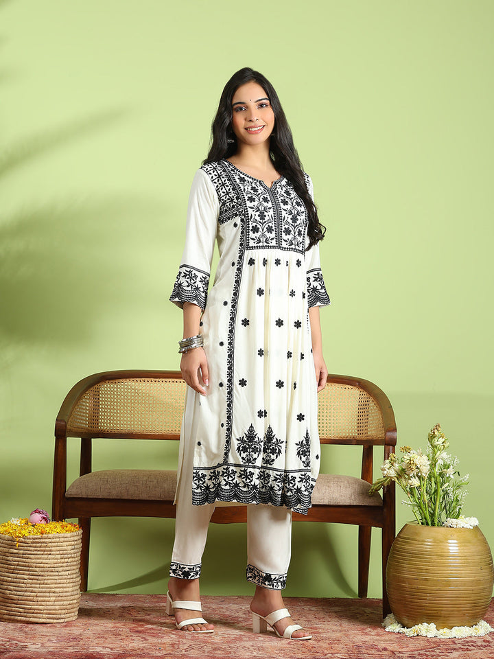 Embroidered Cotton Kurta With Pant &amp; Dupatta