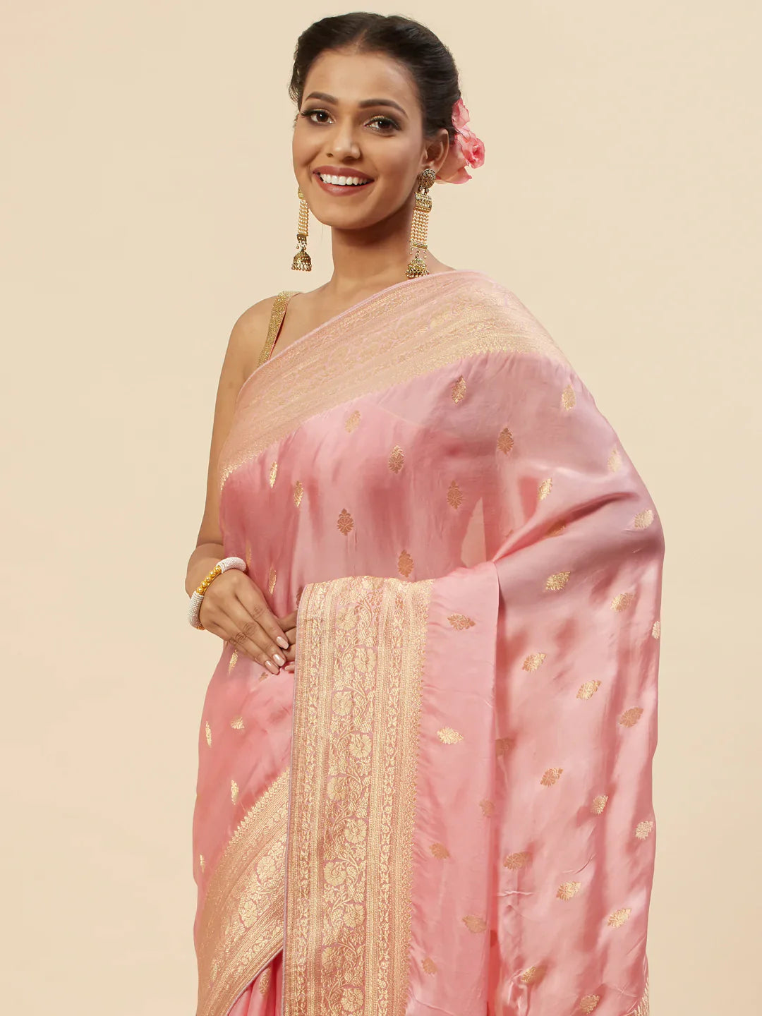 Zari Border Booti Satin Woven Saree