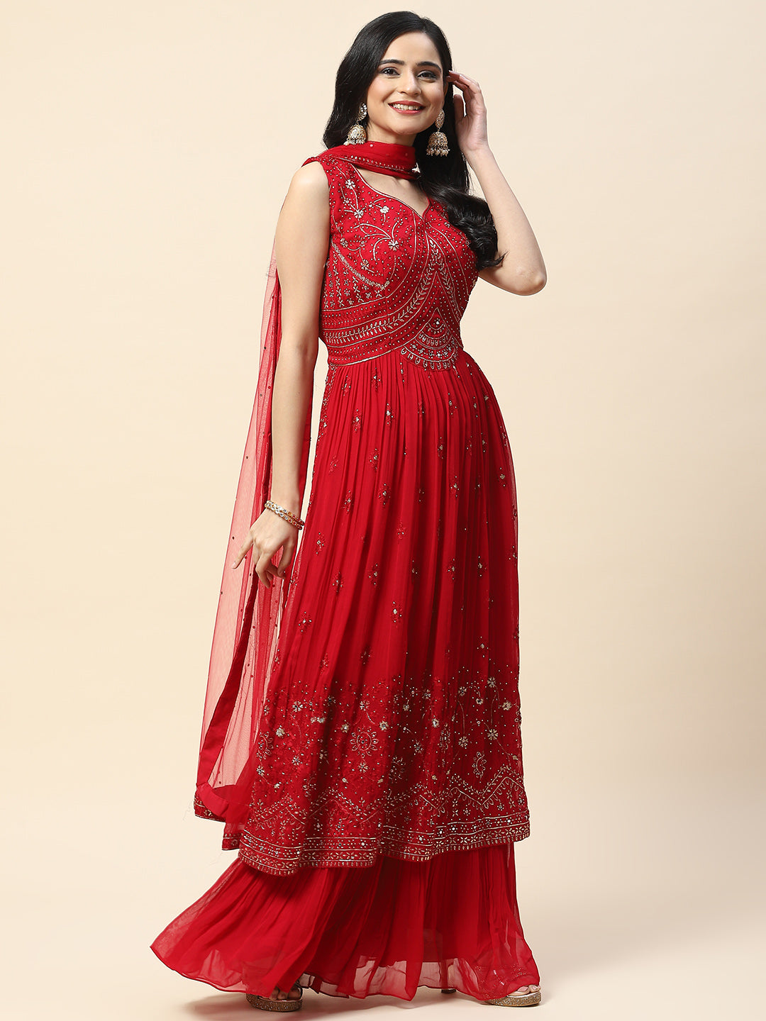 Resham Booti Embroidered Georgette Kurta With Palazzo &amp; Dupatta