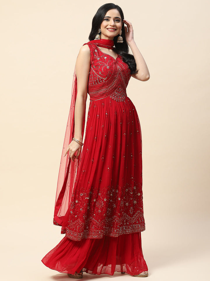 Resham Booti Embroidered Georgette Kurta With Palazzo &amp; Dupatta