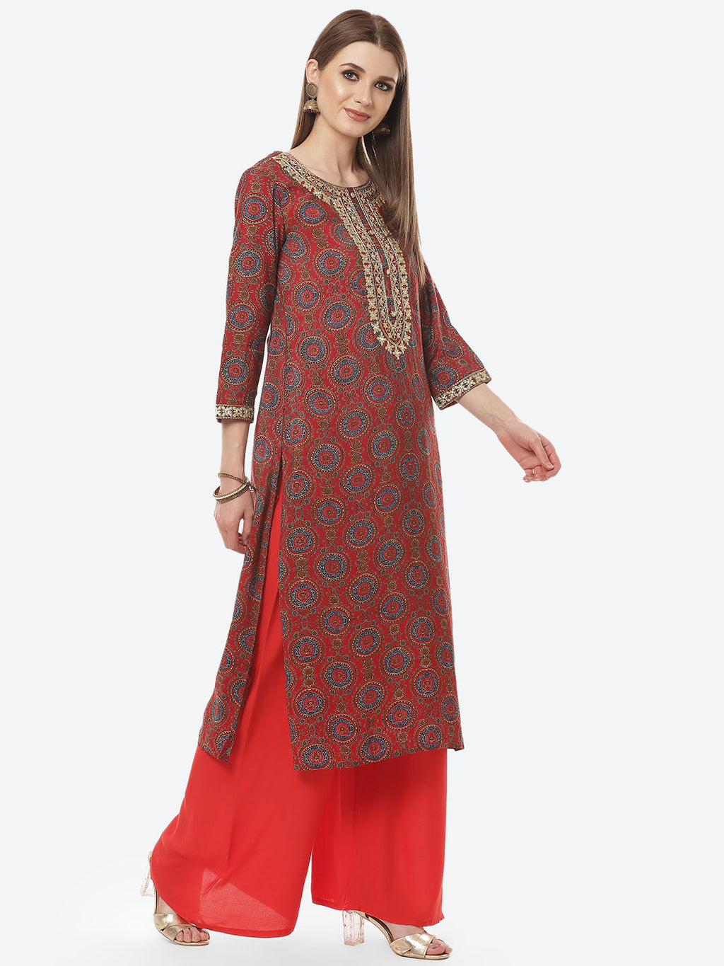 Printed Neck Embroidered Cotton Kurti