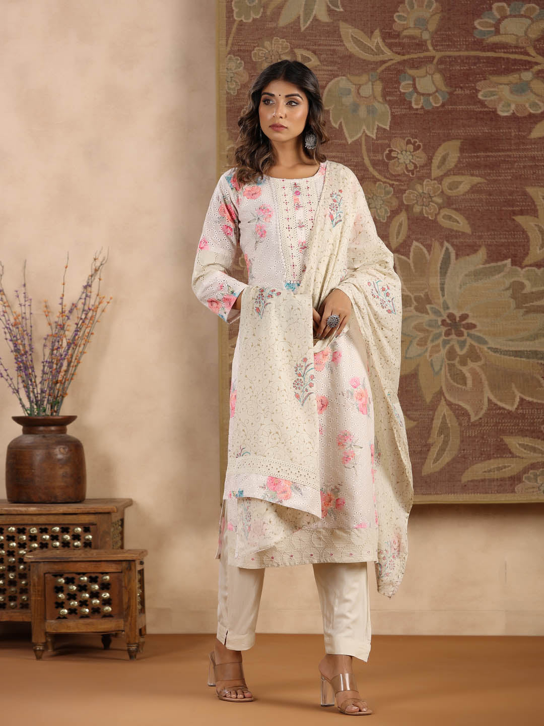 Printed Cotton Kurta With Pants &amp; Dupatta
