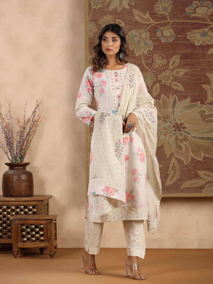 Printed Cotton Kurta With Pants &amp; Dupatta
