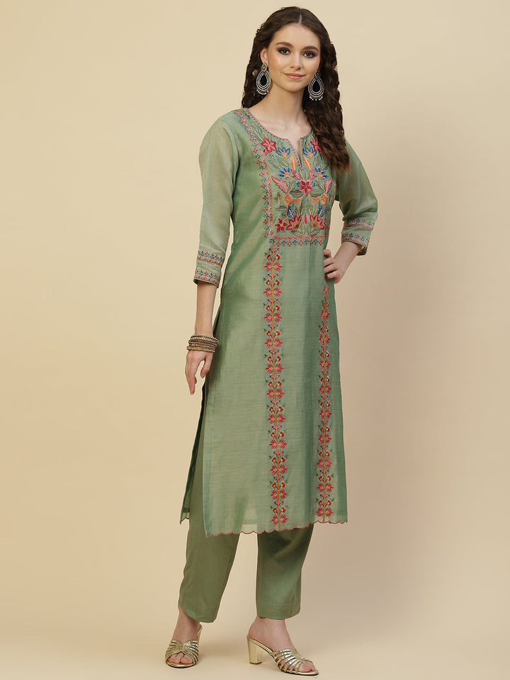 Floral Resham Booti Cotton Kurta With Pants &amp; Dupatta