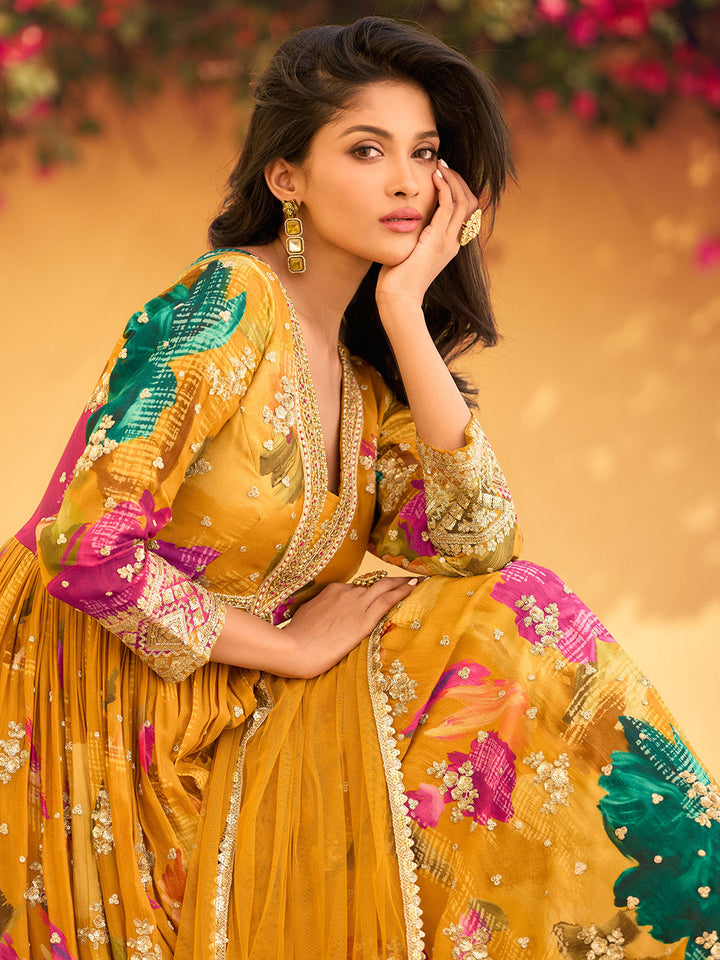Printed &amp; Embroidered Chinon Gown With Dupatta