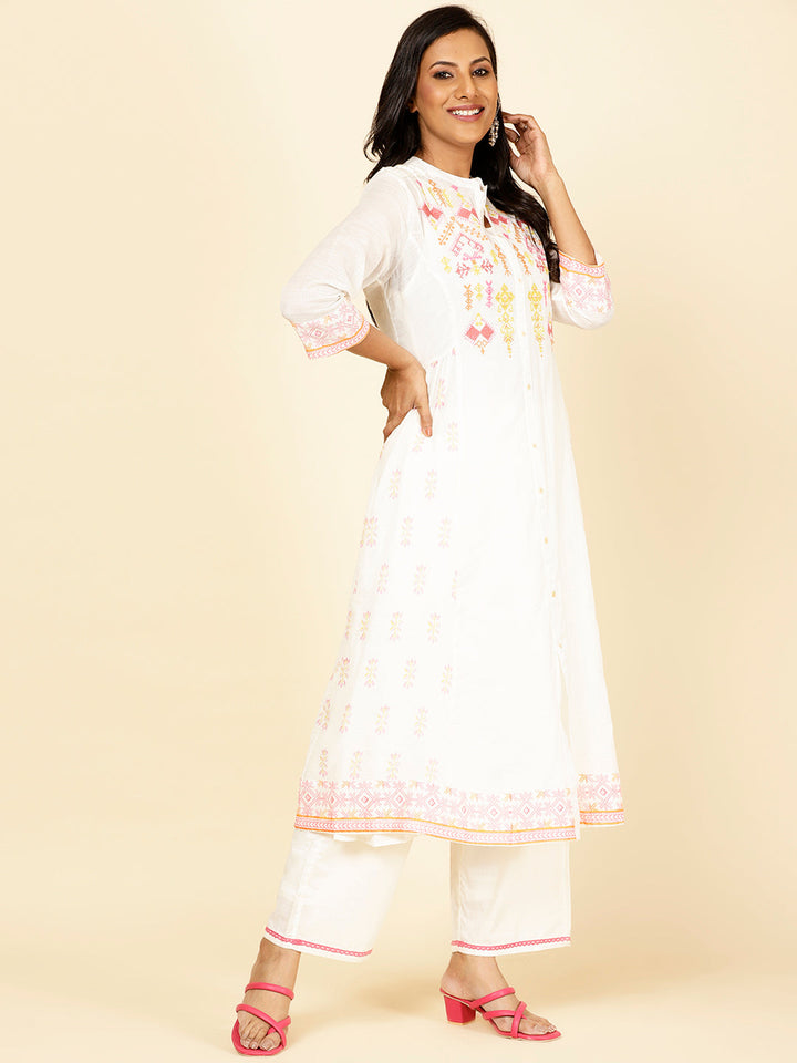 Neck Embroidered Cotton Kurta With Pants