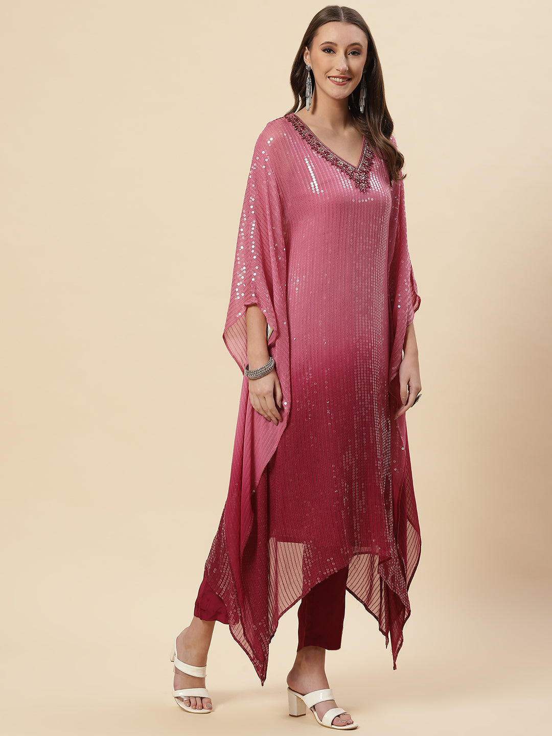 Sequin Embroidered Georgette Kaftan Kurta With Pants
